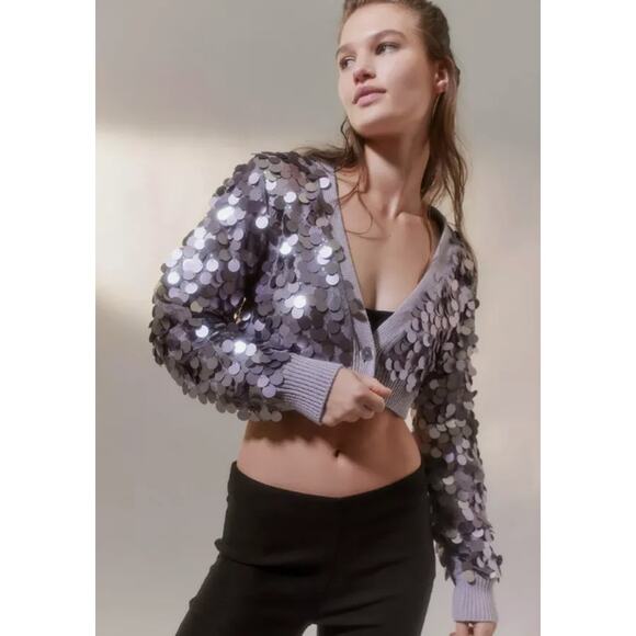 Urban Outfitters Tops - Urban Outfitters Gray Embellished Cropped Cardigan NWT MRSP $129